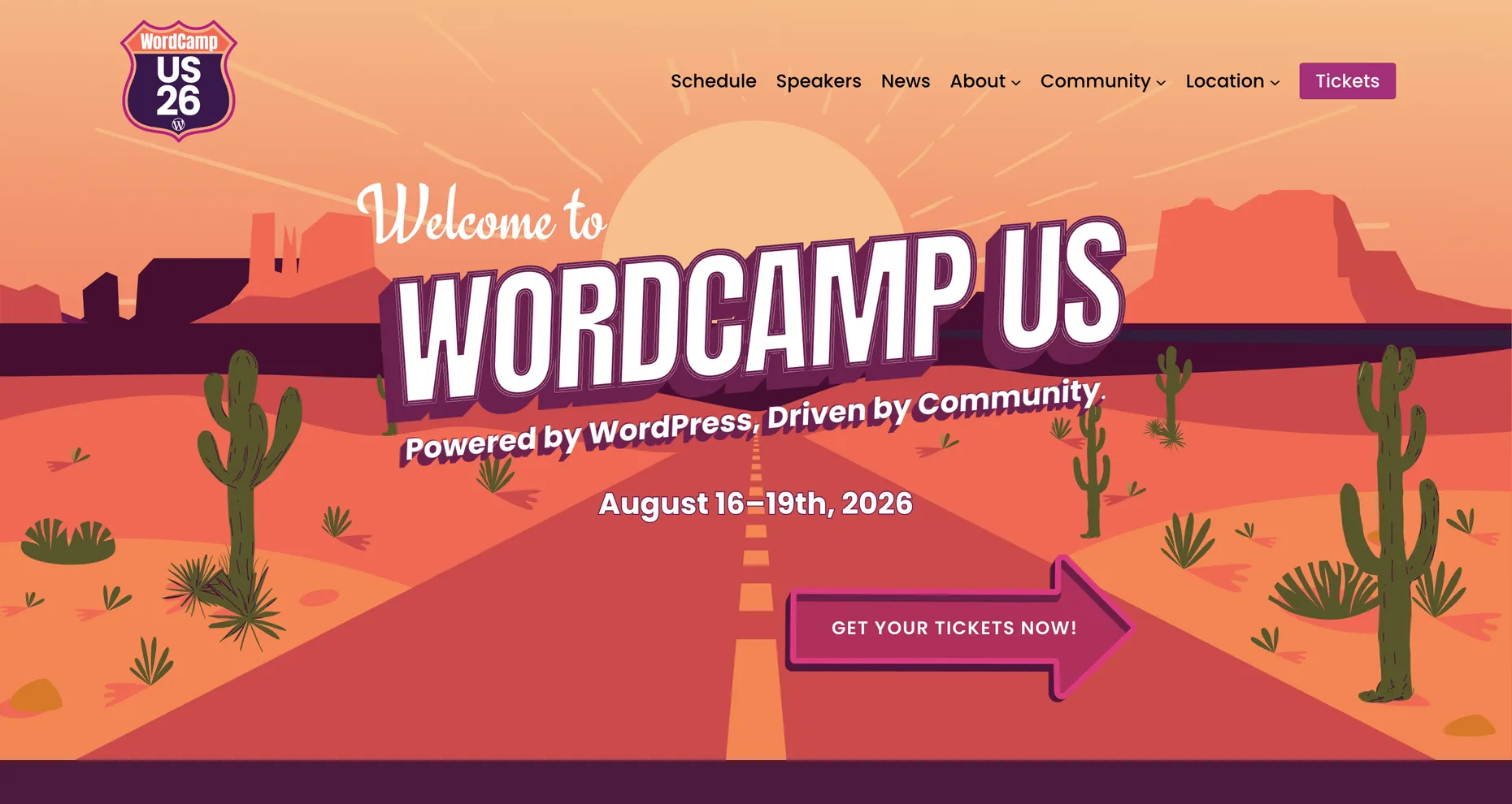 WordCamp US 2026 homepage showing the Phoenix desert artwork and the dates August 16 to 19, 2026