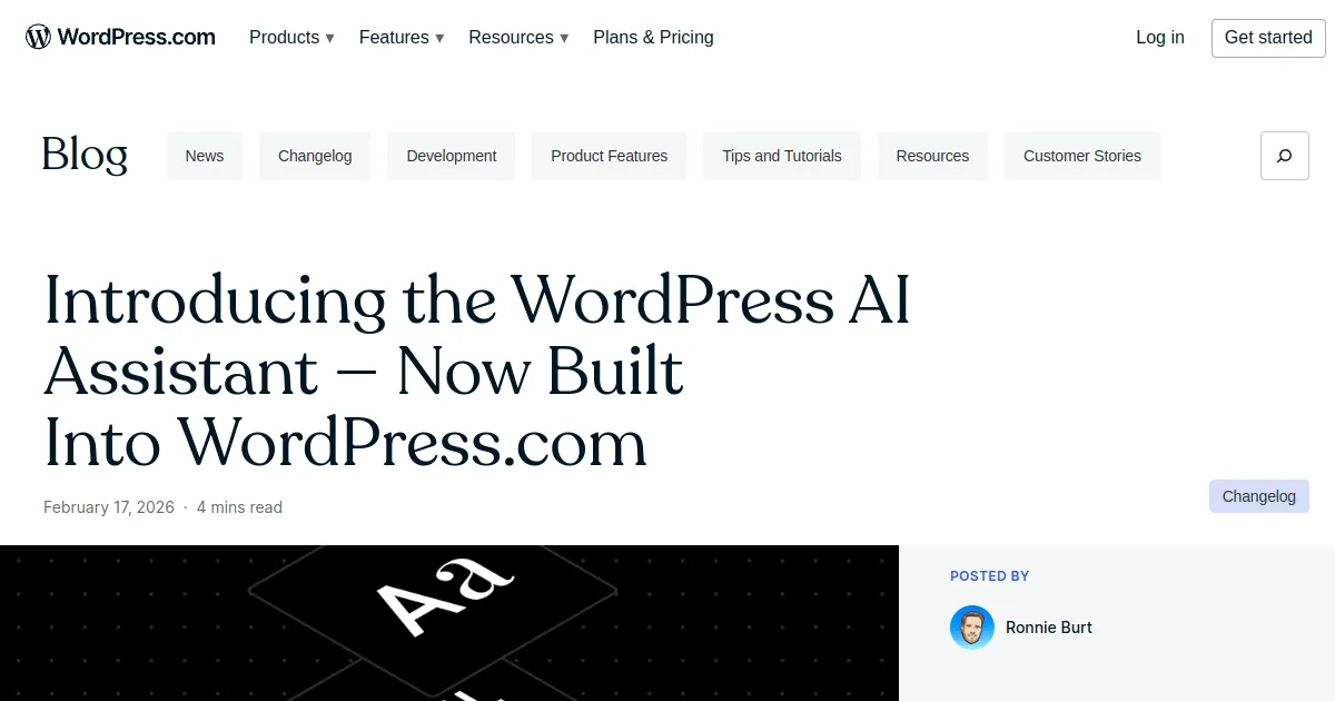 WordPress.com blog post headlined Introducing the WordPress AI Assistant, dated February 17 2026