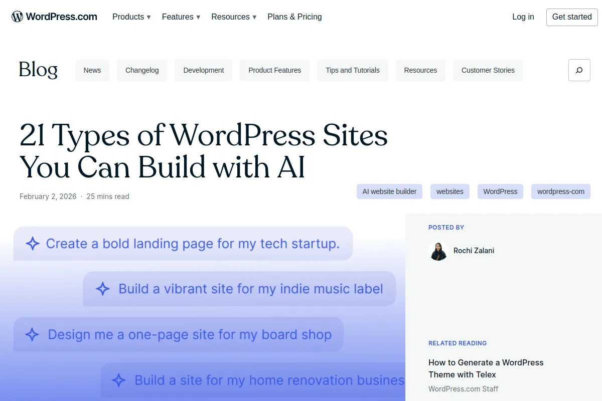 A WordPress.com blog post titled 21 Types of WordPress Sites You Can Build with AI, showing example prompts such as Create a bold landing page for my tech startup and Build a vibrant site for my indie music label