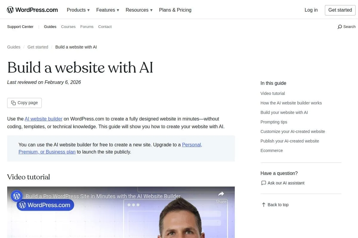 WordPress.com support guide titled Build a website with AI, noting you can build for free and upgrade to publish
