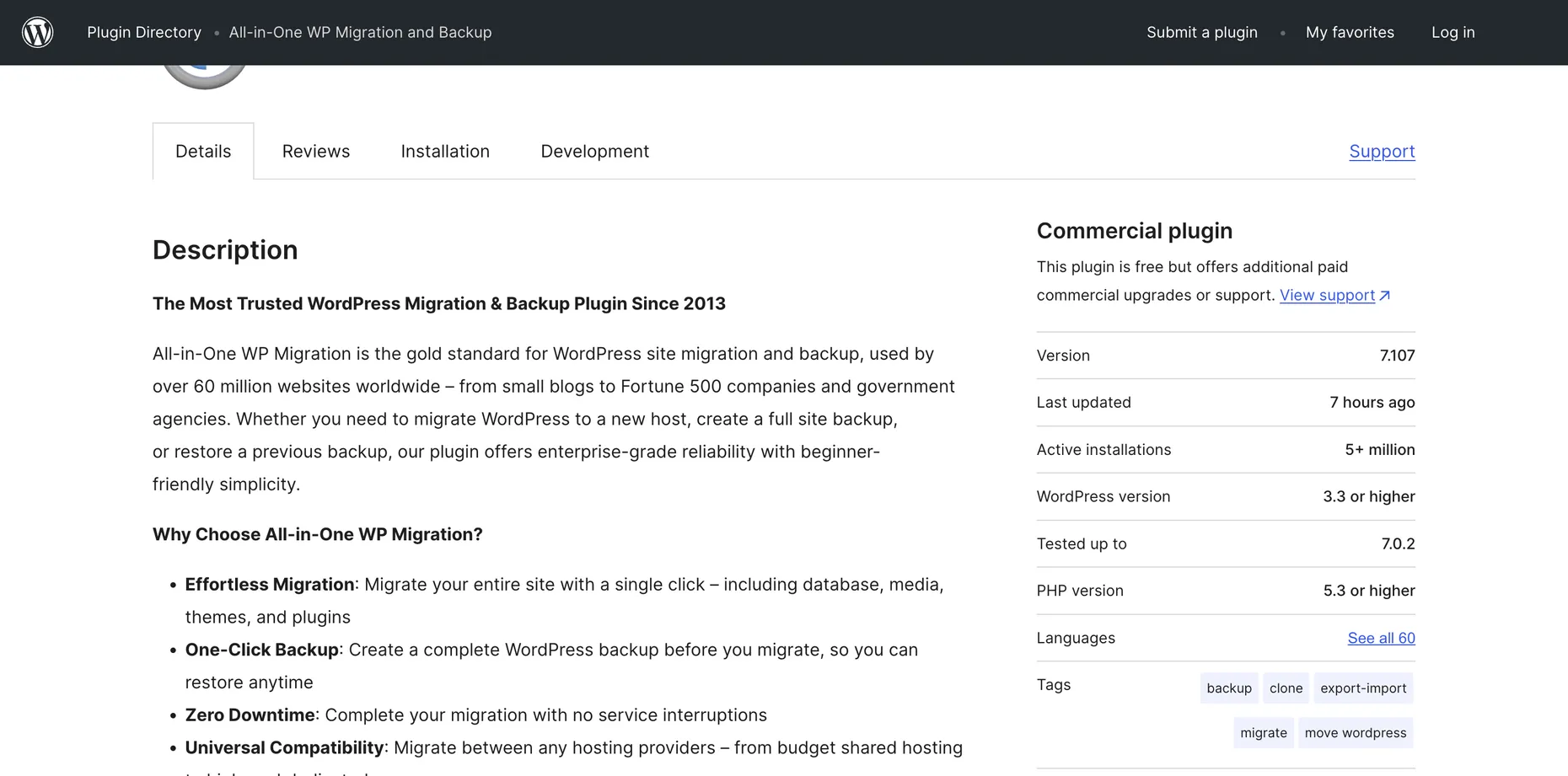 The All-in-One WP Migration plugin page on WordPress.org showing 5+ million active installations, last updated 7 hours ago, tested up to 7.0.2, and a Commercial plugin notice