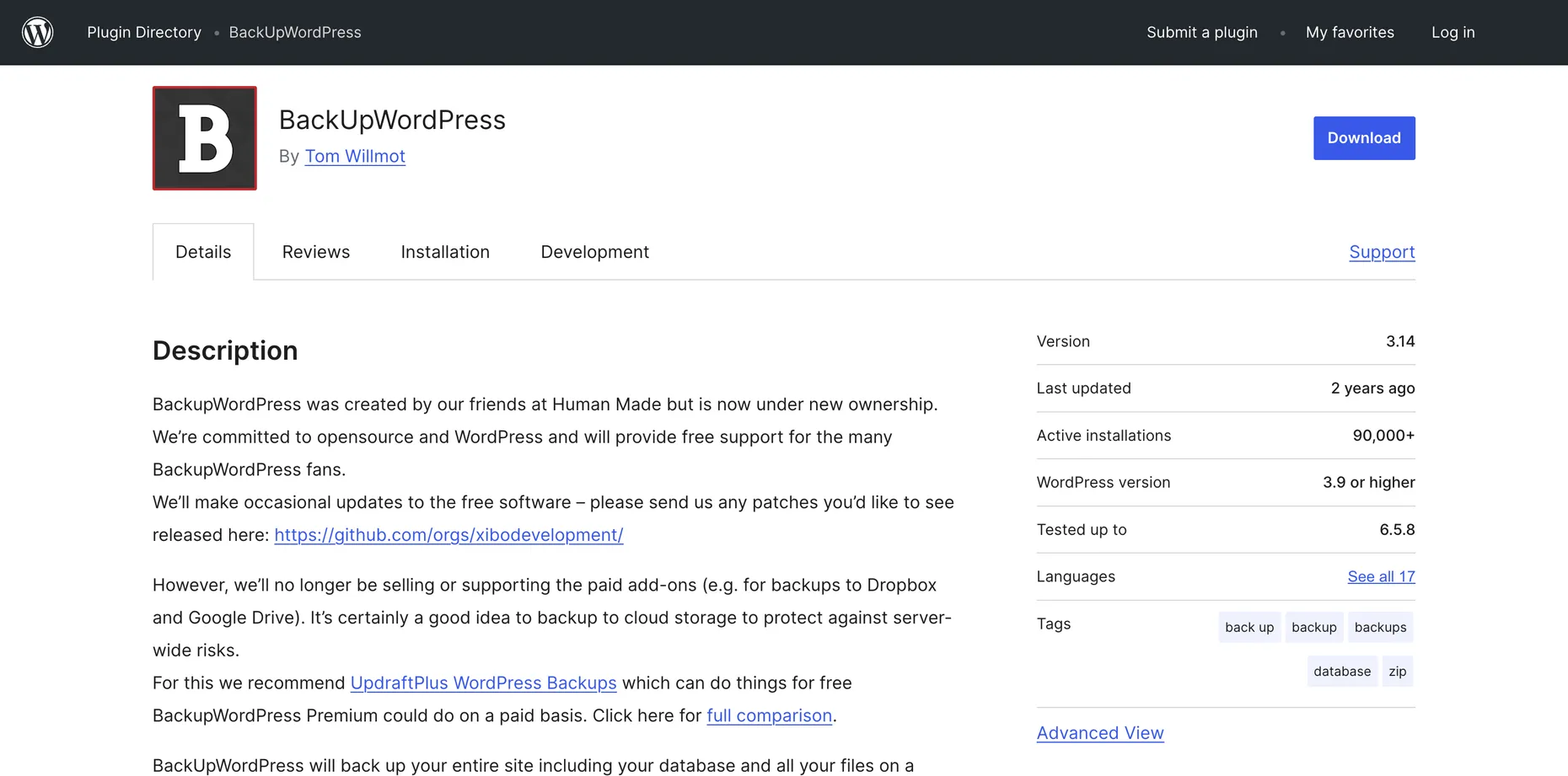 The BackUpWordPress plugin page on WordPress.org showing version 3.14, last updated 2 years ago, 90,000+ active installations, WordPress version 3.9 or higher and tested up to only 6.5.8