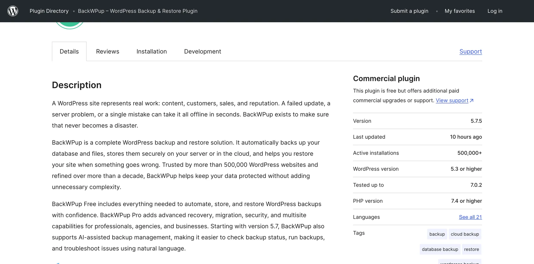 The BackWPup plugin page on WordPress.org showing version 5.7.5, last updated 10 hours ago, 500,000+ active installations and tested up to WordPress 7.0.2