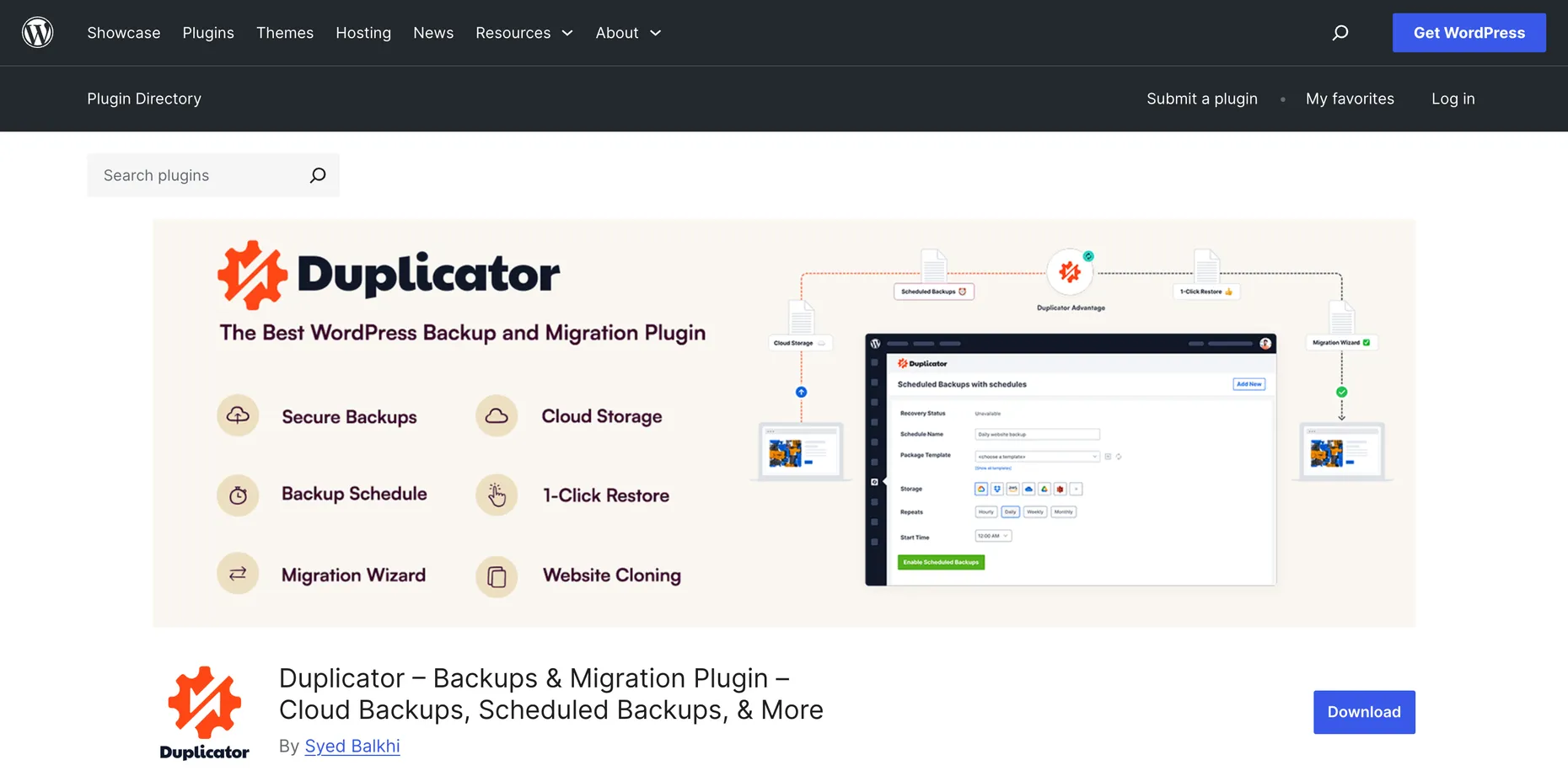 The Duplicator plugin page on WordPress.org, banner reading The Best WordPress Backup and Migration Plugin with icons for Secure Backups, Cloud Storage, Backup Schedule, 1-Click Restore, Migration Wizard and Website Cloning