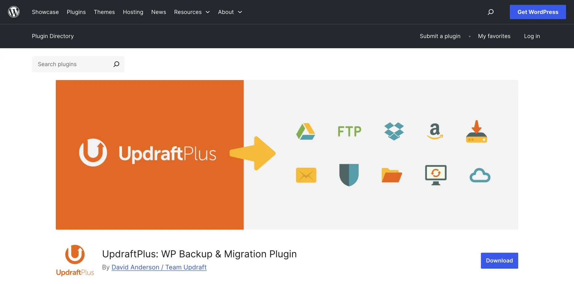 The UpdraftPlus plugin page on WordPress.org showing the plugin banner with destination icons for Google Drive, FTP, Dropbox, Amazon S3, email and cloud storage, and a Download button
