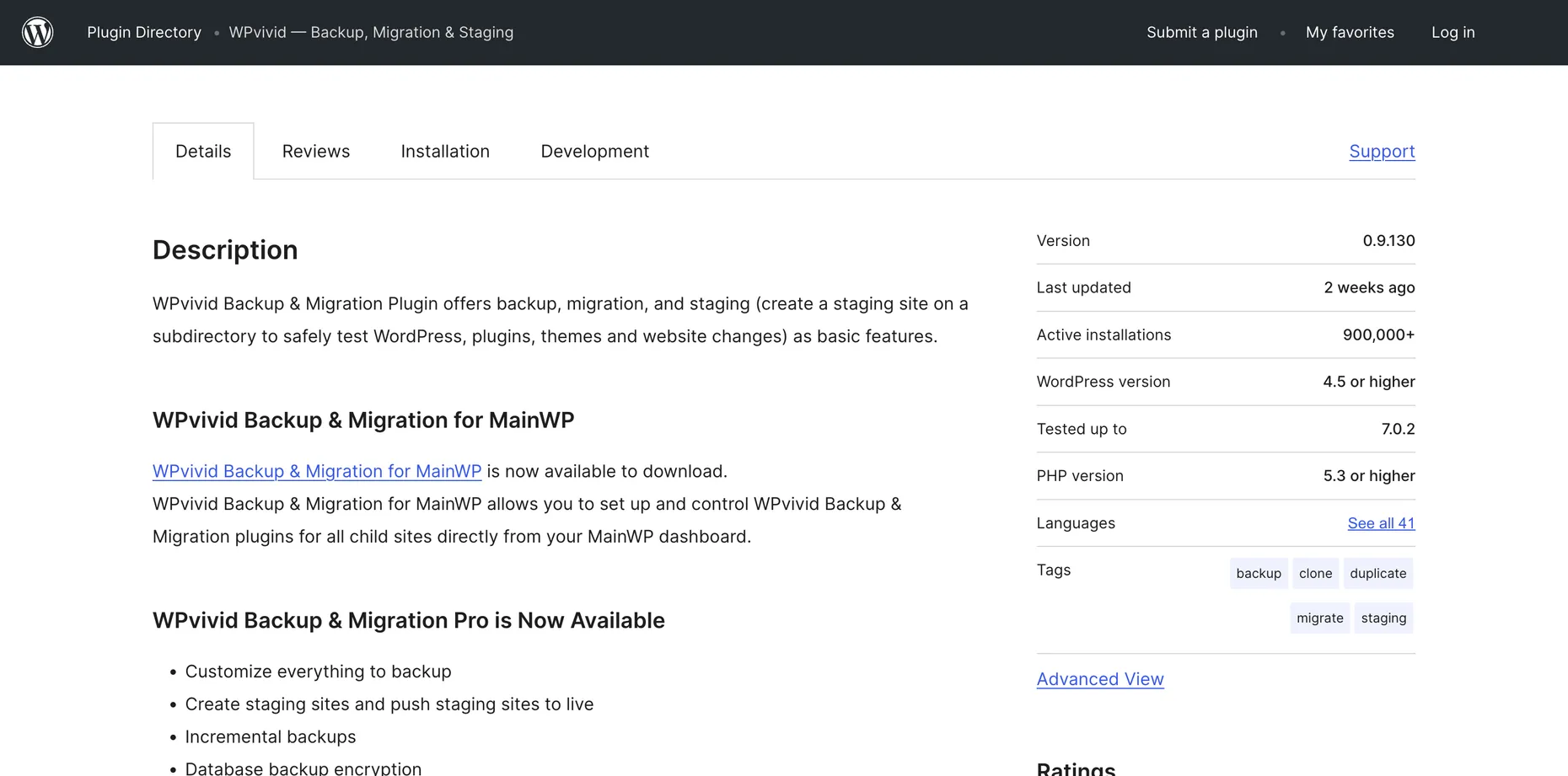 The WPvivid plugin page on WordPress.org showing 900,000+ active installations, last updated 2 weeks ago, tested up to WordPress 7.0.2, and tags for backup, clone, duplicate, migrate and staging