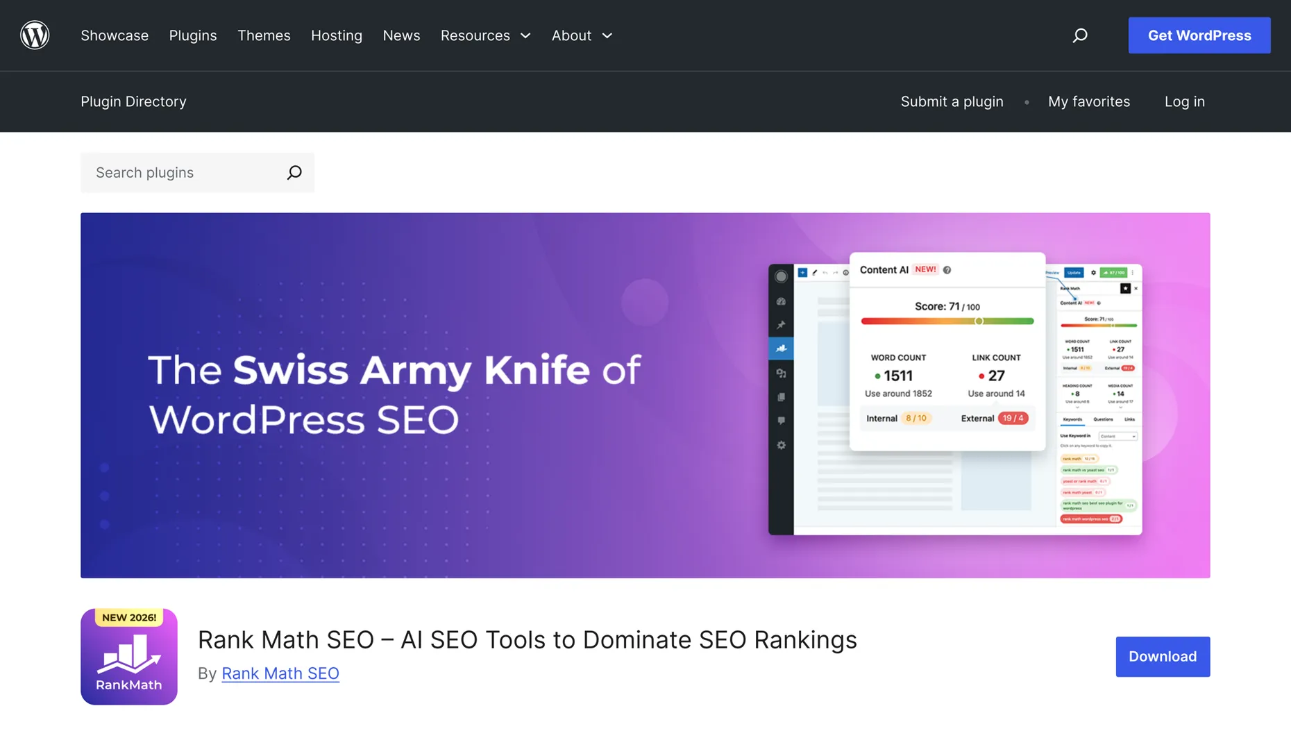 Rank Math SEO listing on the WordPress.org plugin directory, described as the Swiss Army Knife of WordPress SEO