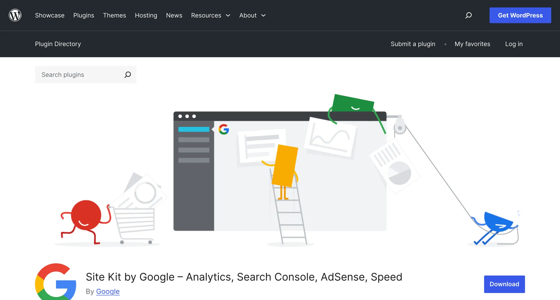 Site Kit by Google listing on the WordPress.org plugin directory, showing Analytics, Search Console, AdSense and Speed
