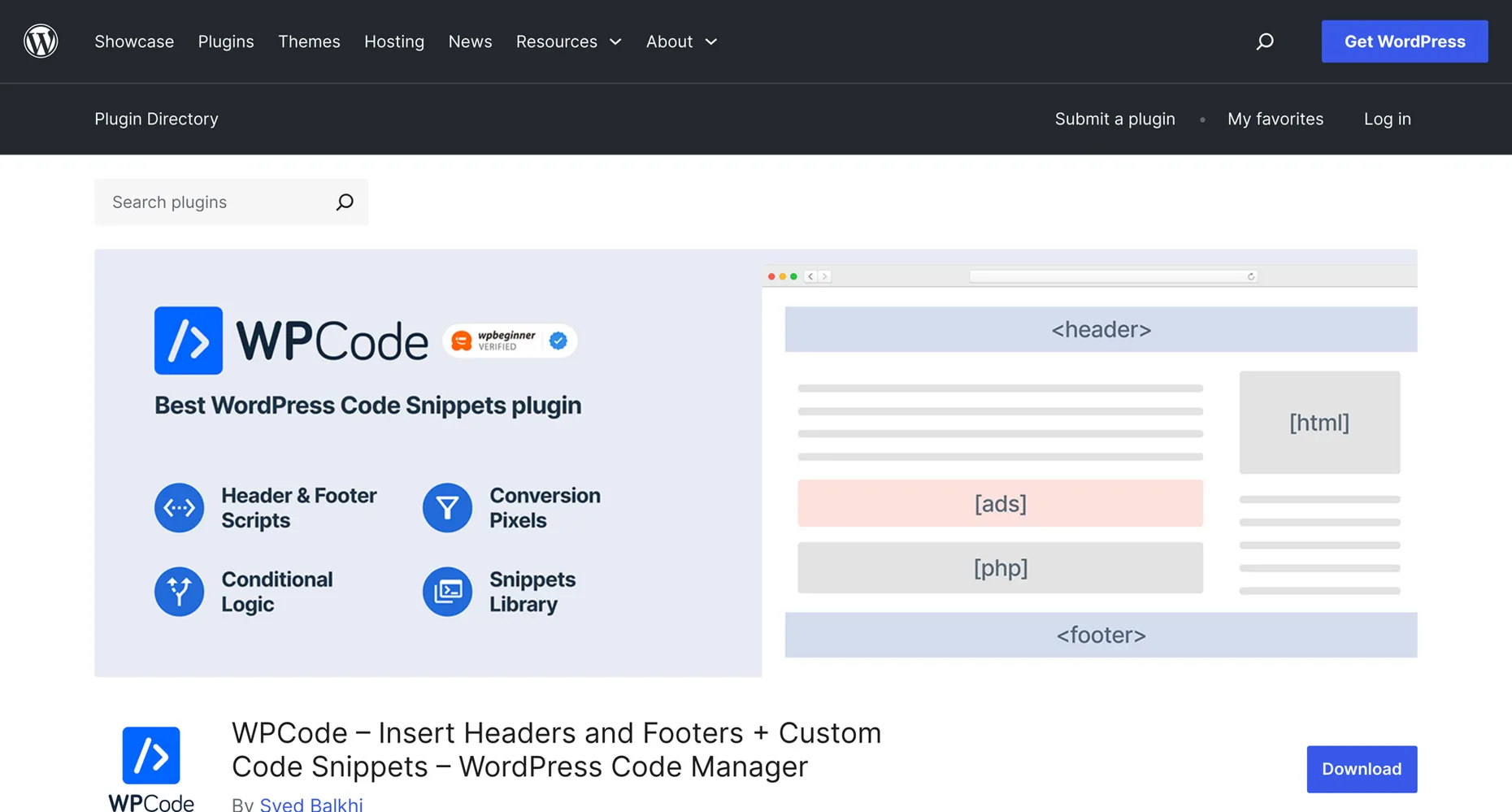 WPCode listing on the WordPress.org plugin directory, the best WordPress code snippets plugin