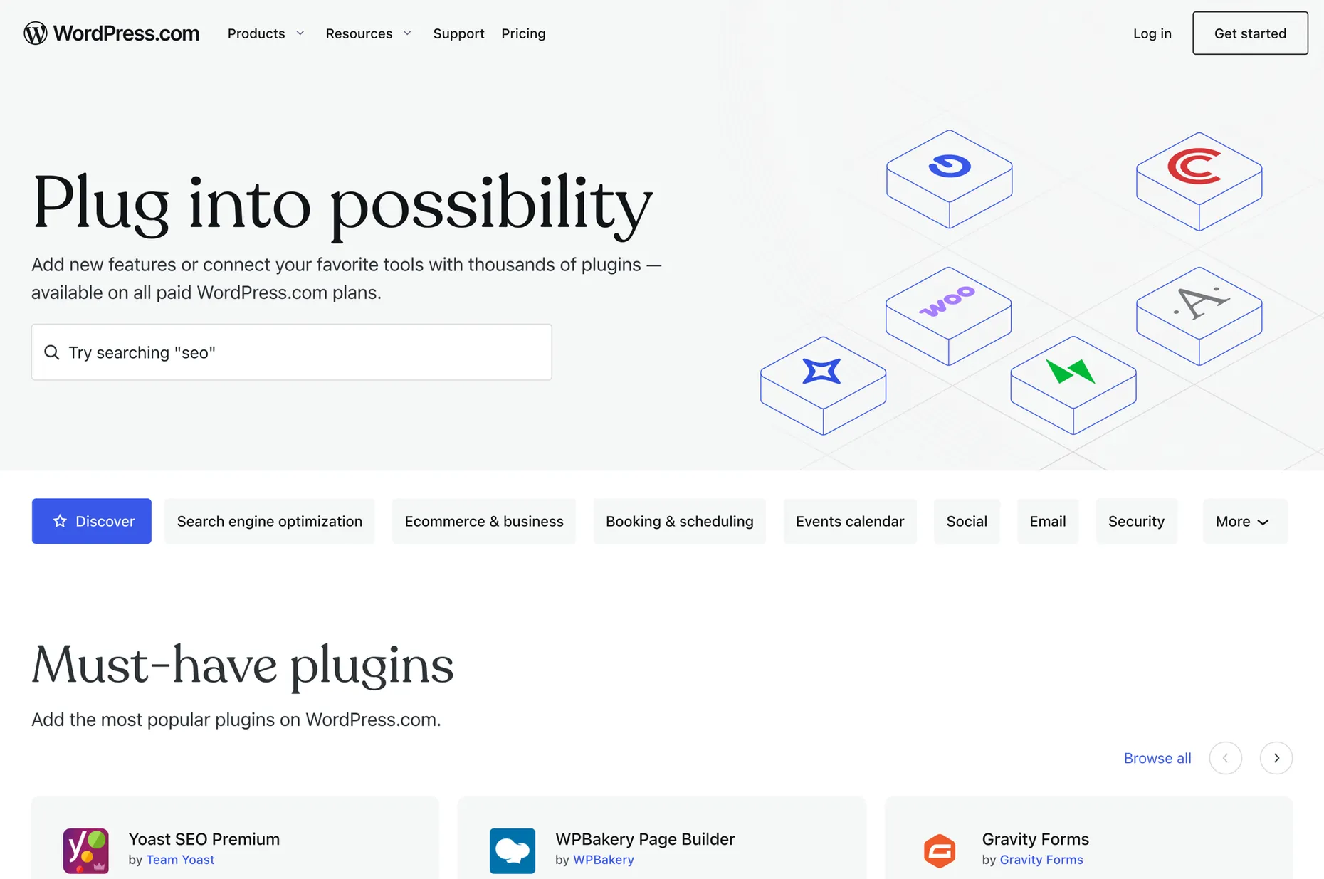 WordPress.com plugins browse page reading Plug into possibility, plugins available on all paid WordPress.com plans