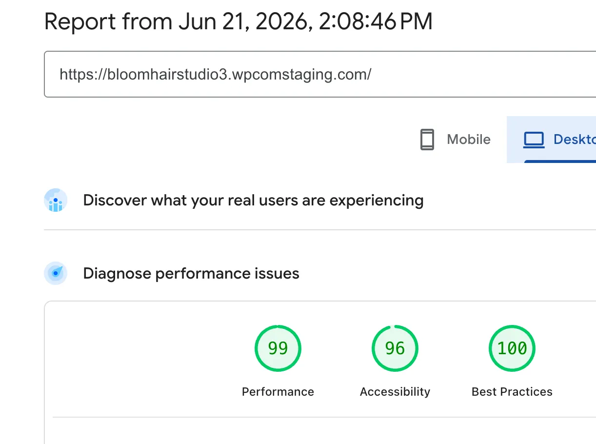 PageSpeed Insights desktop result after optimisation: Performance 99, Accessibility 96, Best Practices 100