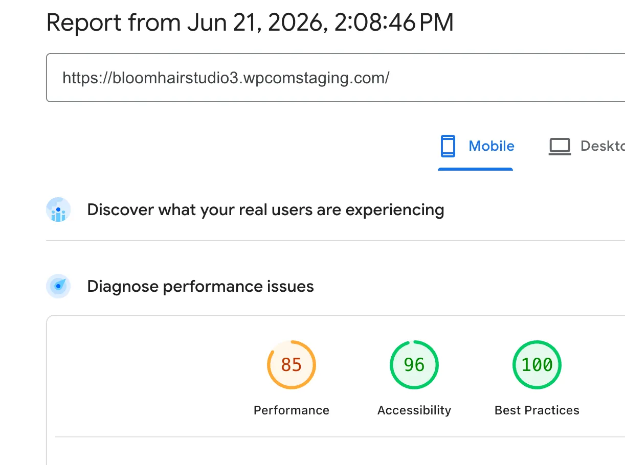 PageSpeed Insights mobile result after optimisation: Performance 85, Accessibility 96, Best Practices 100