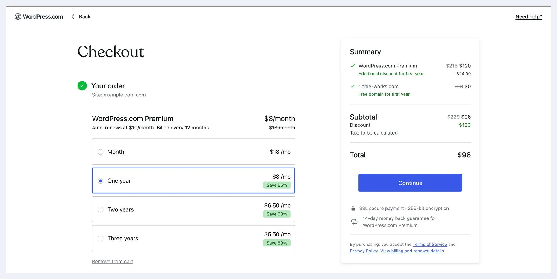 WordPress.com checkout with a billing selector: Month $18/mo, One year $8/mo (Save 55%), Two years $6.50/mo (Save 63%), Three years $5.50/mo (Save 69%), and an order summary totalling $96 before the coupon
