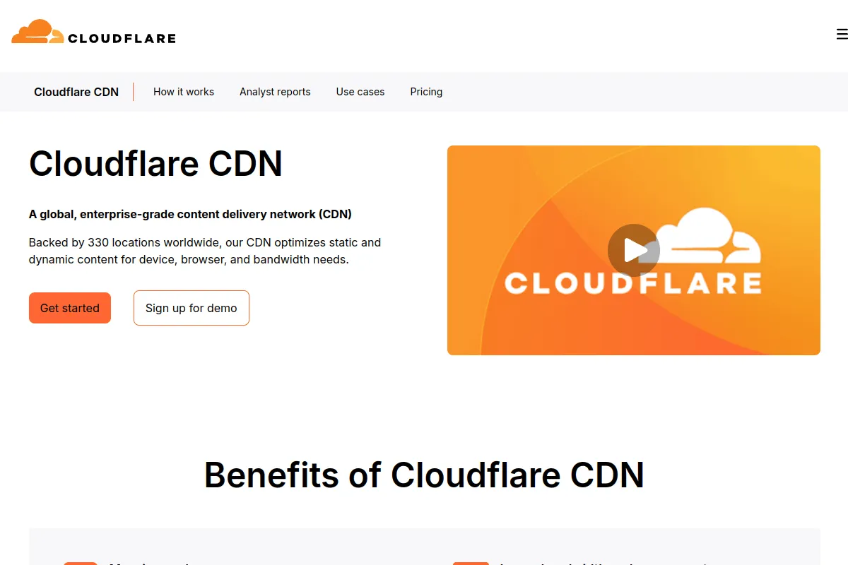 Cloudflare CDN product page describing its global, enterprise-grade content delivery network