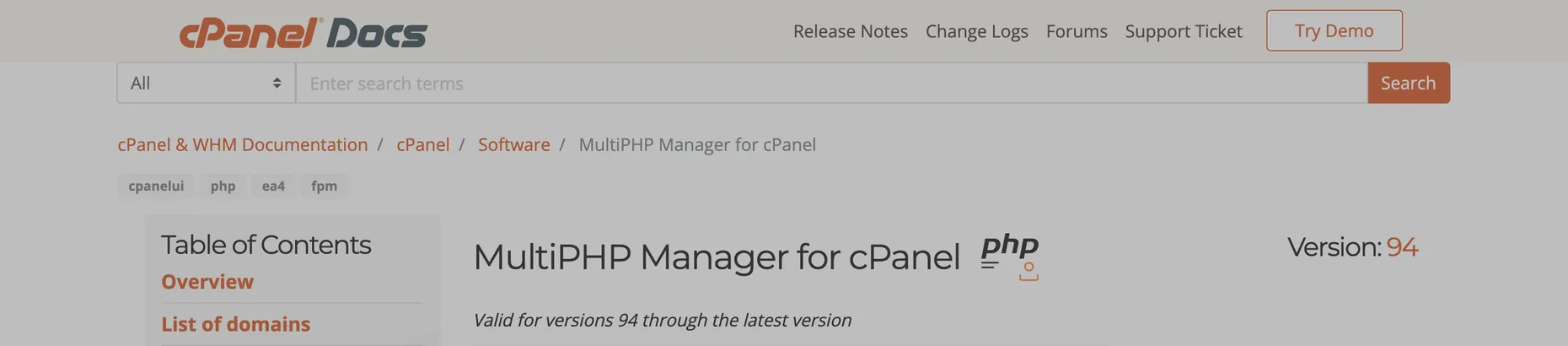 cPanel and WHM documentation page for MultiPHP Manager, showing the interface used to set the PHP version for each domain on a server