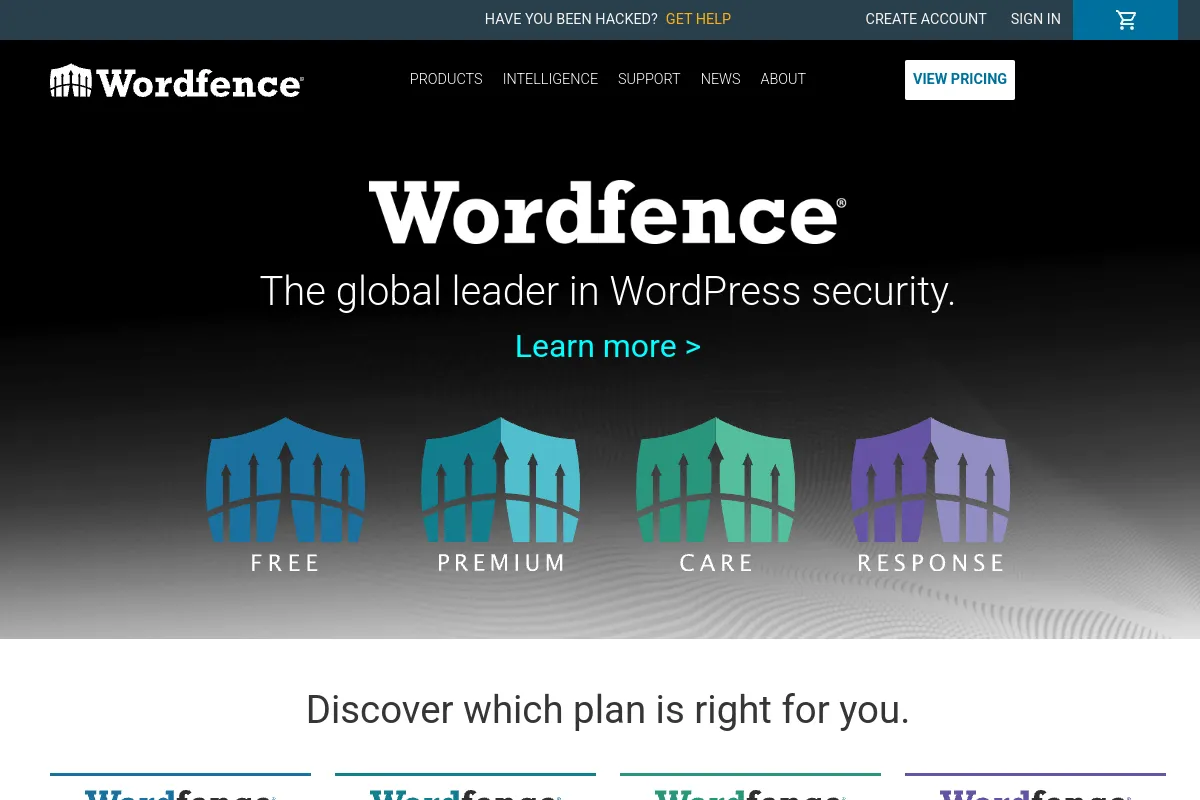 Wordfence homepage describing its free, premium, care and response plans for WordPress security and malware scanning