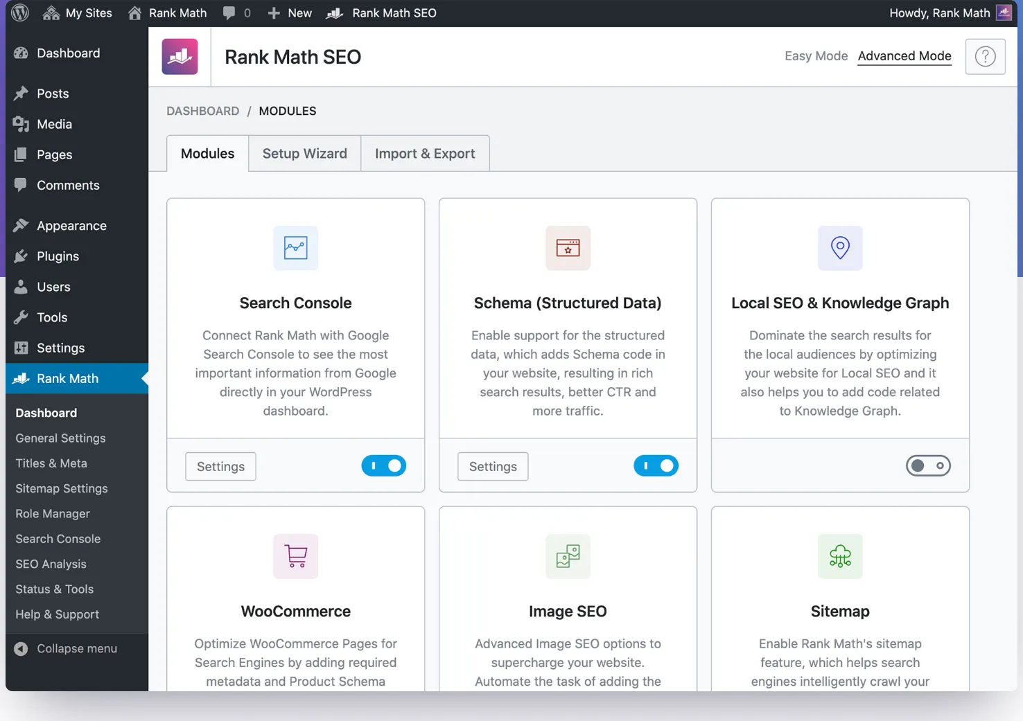 The Rank Math SEO admin screen in WordPress showing its modules, including Search Console, Schema (Structured Data), Local SEO, WooCommerce, Image SEO and Sitemap, with toggle switches