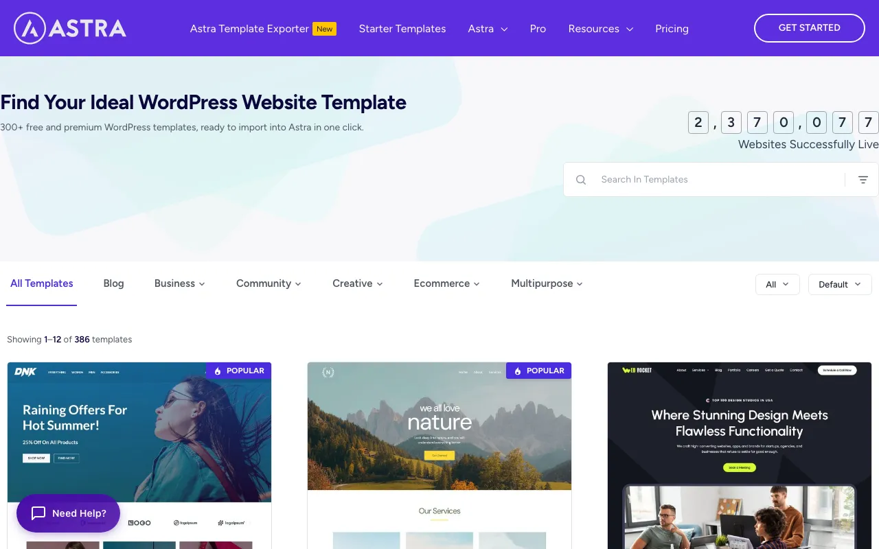 Astra Starter Templates library showing a grid of ready-made website designs filtered by Business, Ecommerce and Multipurpose, with a live counter of sites launched.