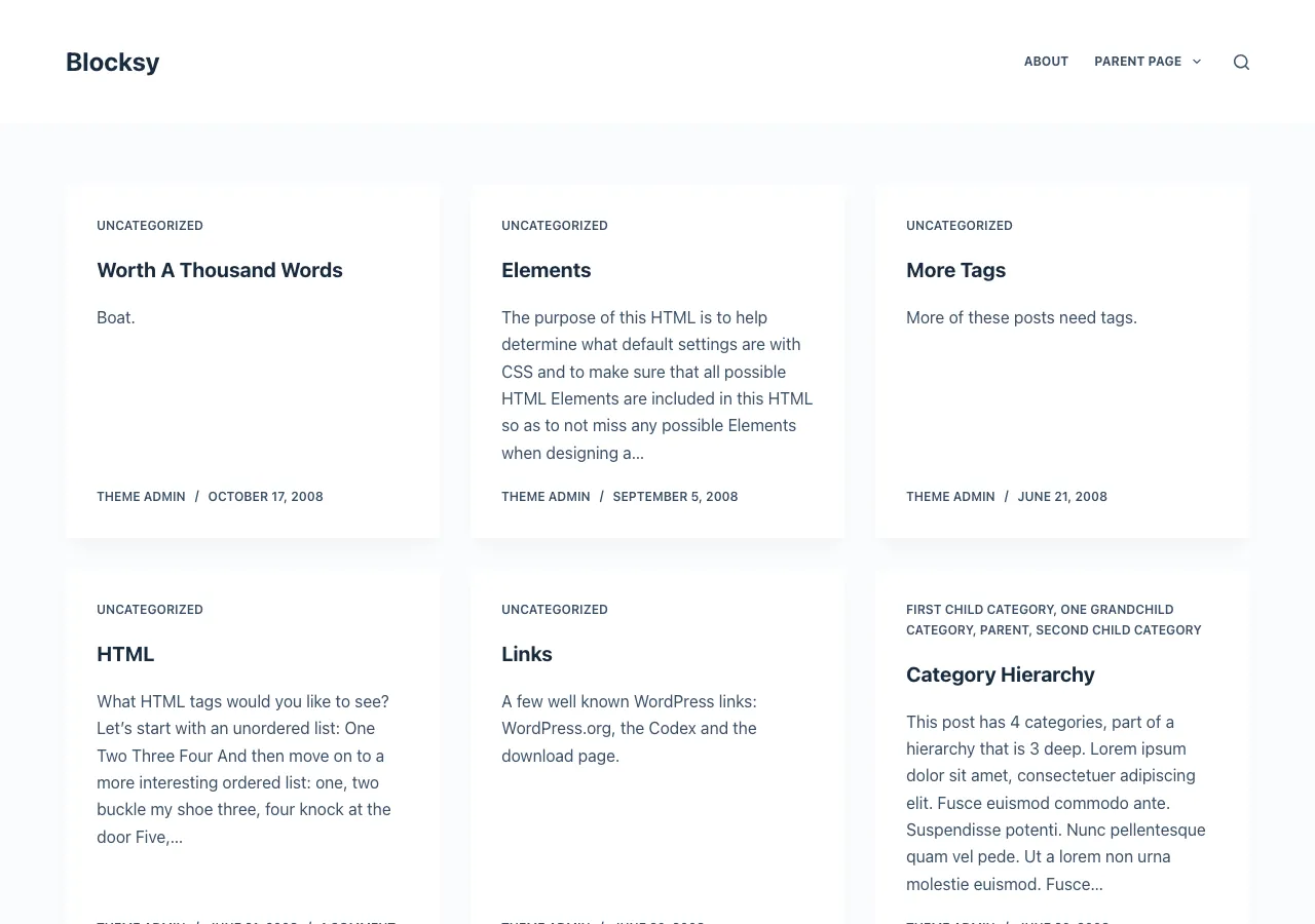 Blocksy theme rendering a card-based blog archive with clean typography, showing its default demo content.