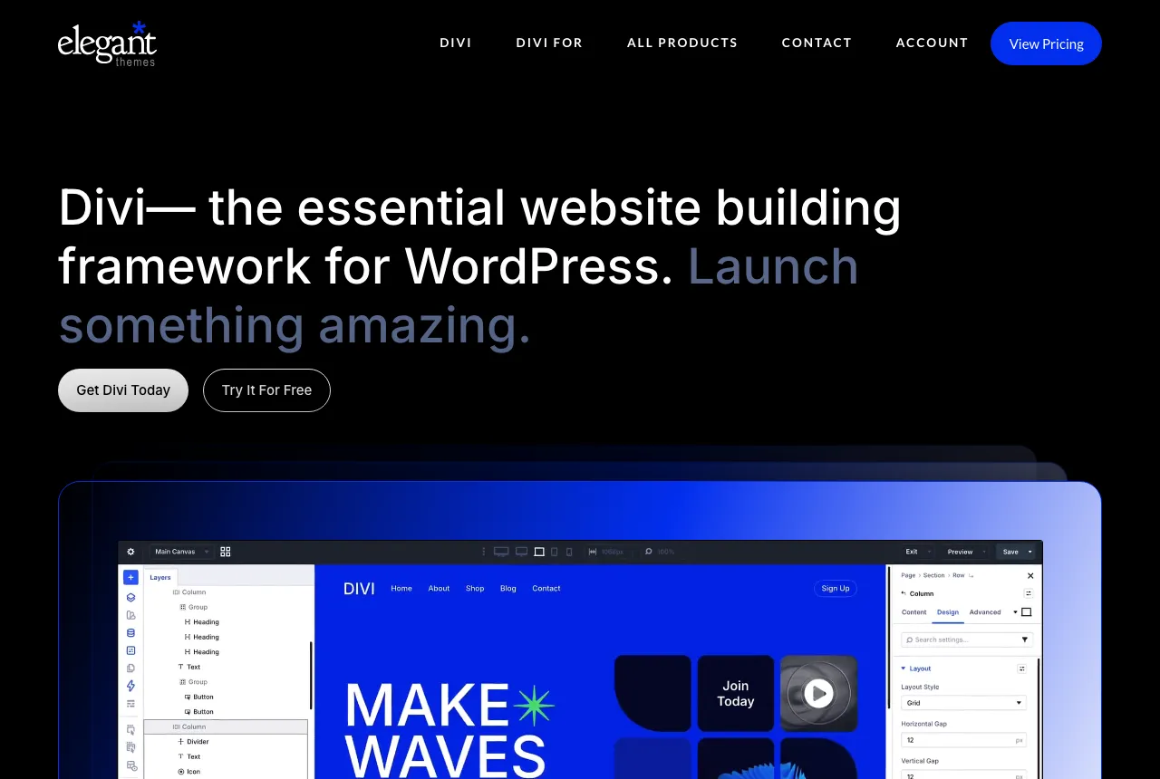 Divi page on Elegant Themes headed Divi, the essential website building framework for WordPress, showing the Divi visual builder editing a page.
