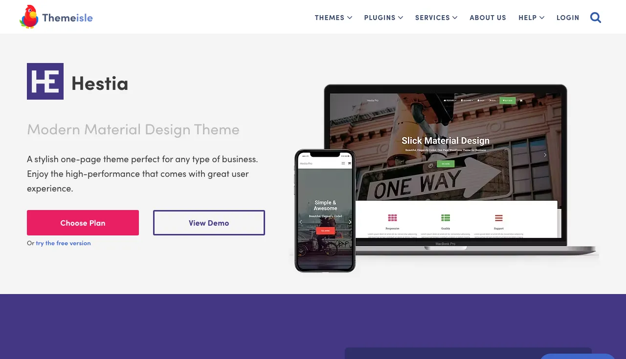 Hestia theme page on Themeisle headed Modern Material Design Theme, with a laptop and phone showing a one-page demo and Choose Plan and View Demo buttons.