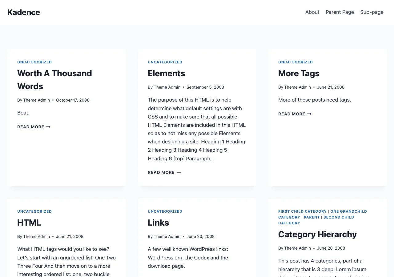 Kadence theme rendering a blog layout with card-style post previews, showing the theme's default styling on real content.