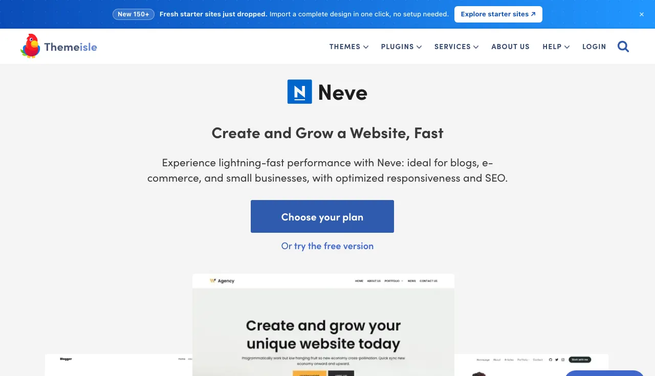 Neve theme page on Themeisle reading Create and Grow a Website Fast, with a Choose your plan button and a note that 150+ new starter sites just dropped.