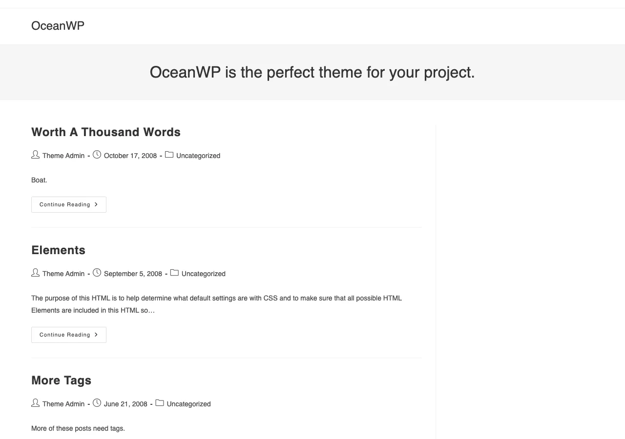 OceanWP theme preview rendering a clean blog layout with a centered header reading OceanWP is the perfect theme for your project.