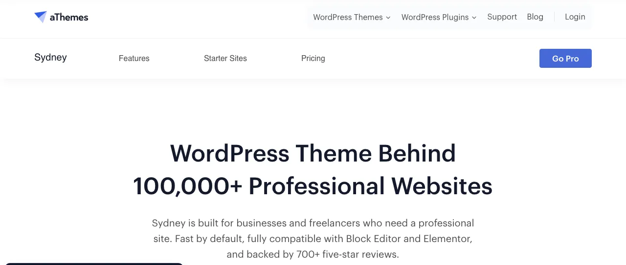 Sydney theme page on aThemes headed WordPress Theme Behind 100,000+ Professional Websites, with Get Sydney Pro and Try Free buttons.