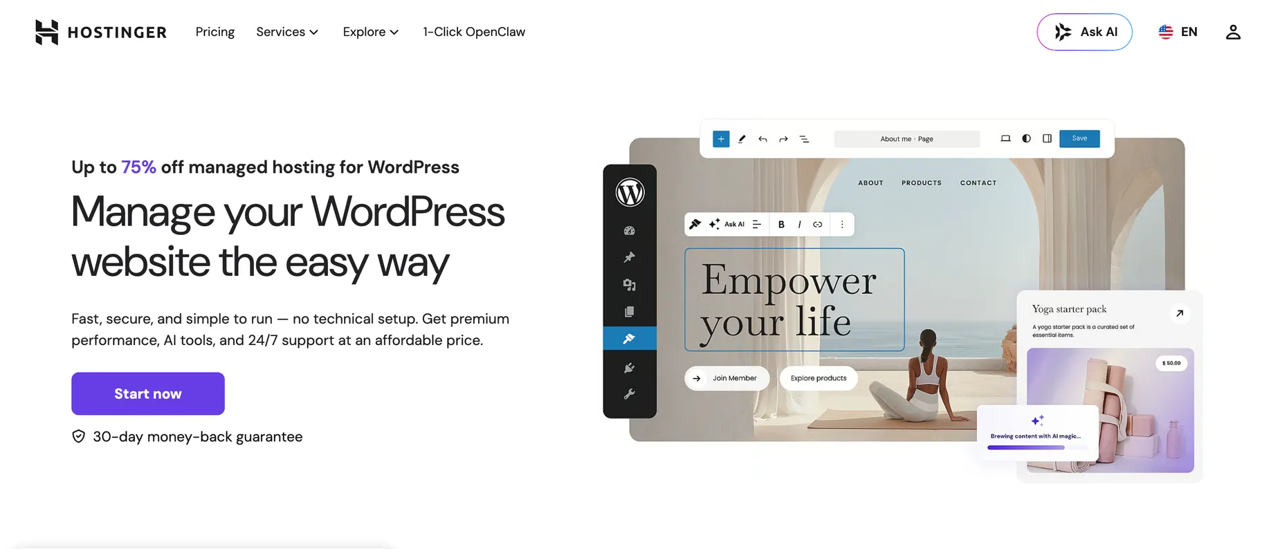 The Hostinger managed WordPress hosting page, heading Manage your WordPress website the easy way, noting it is recommended by WordPress.org