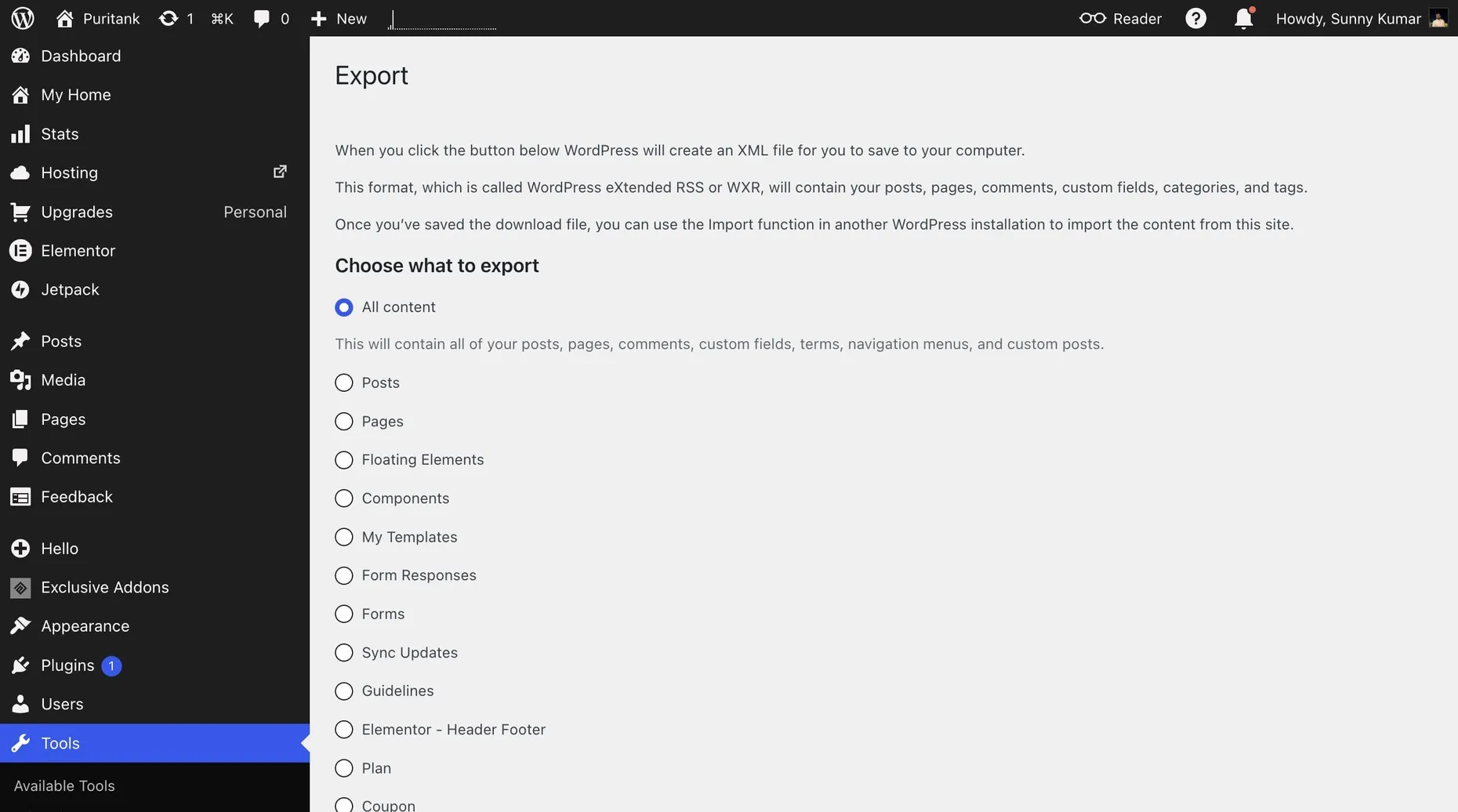 WordPress.com export tool showing the option to download all content as a WordPress XML file