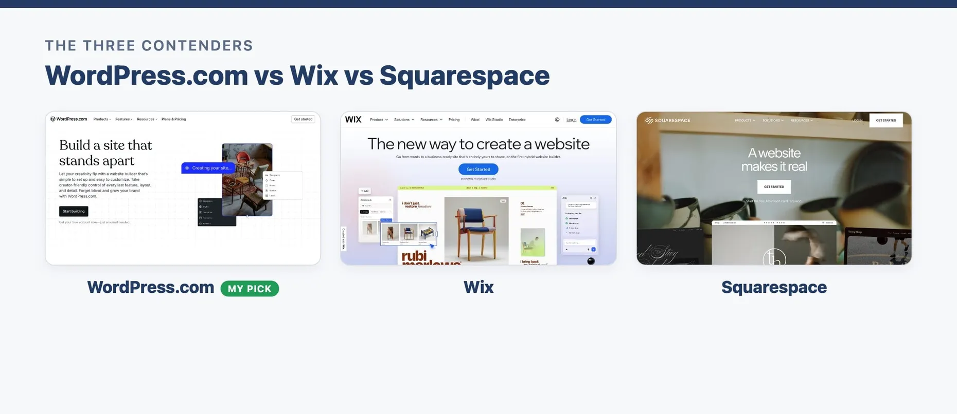WordPress.com, Wix and Squarespace homepages compared side by side in 2026