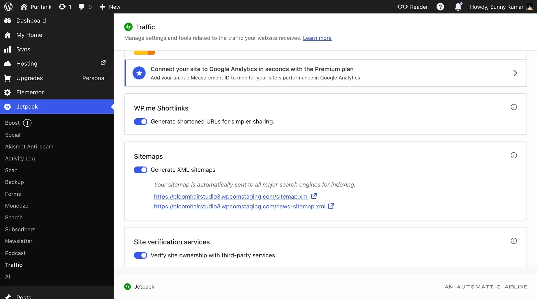 WordPress.com SEO settings showing automatic XML sitemaps sent to search engines and site verification for Google and Bing
