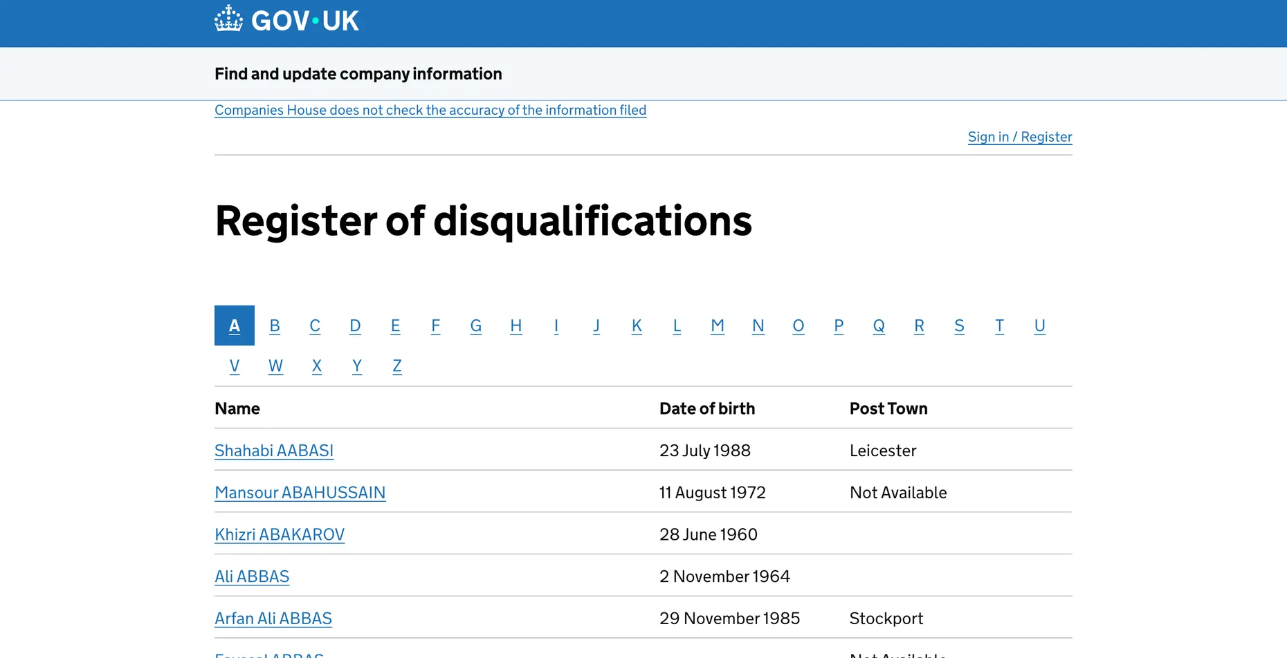 The GOV.UK Companies House Register of disqualifications, listing disqualified directors by name, date of birth and post town
