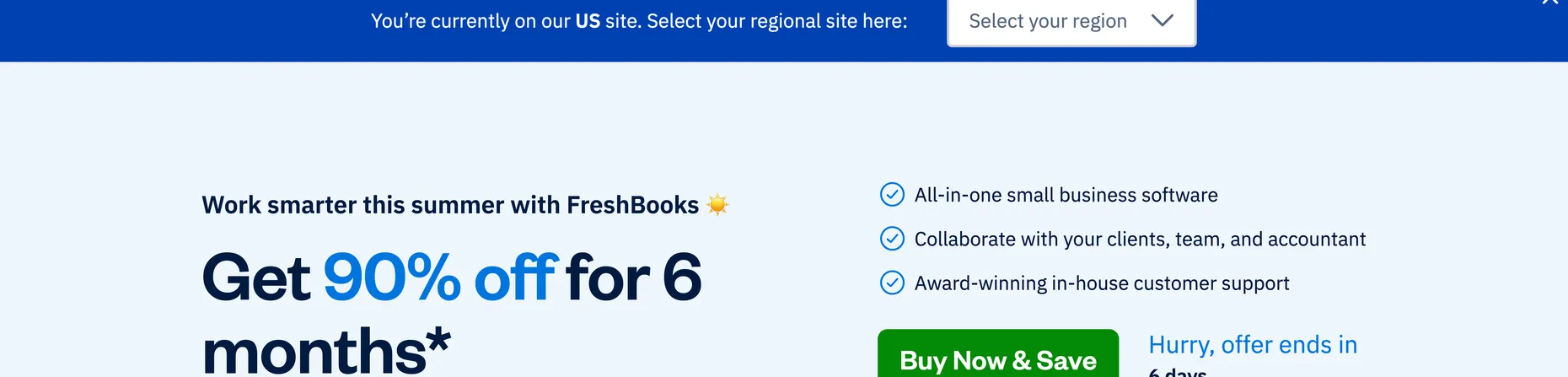 FreshBooks homepage: work smarter this summer, get 90% off for 6 months, all-in-one small business software