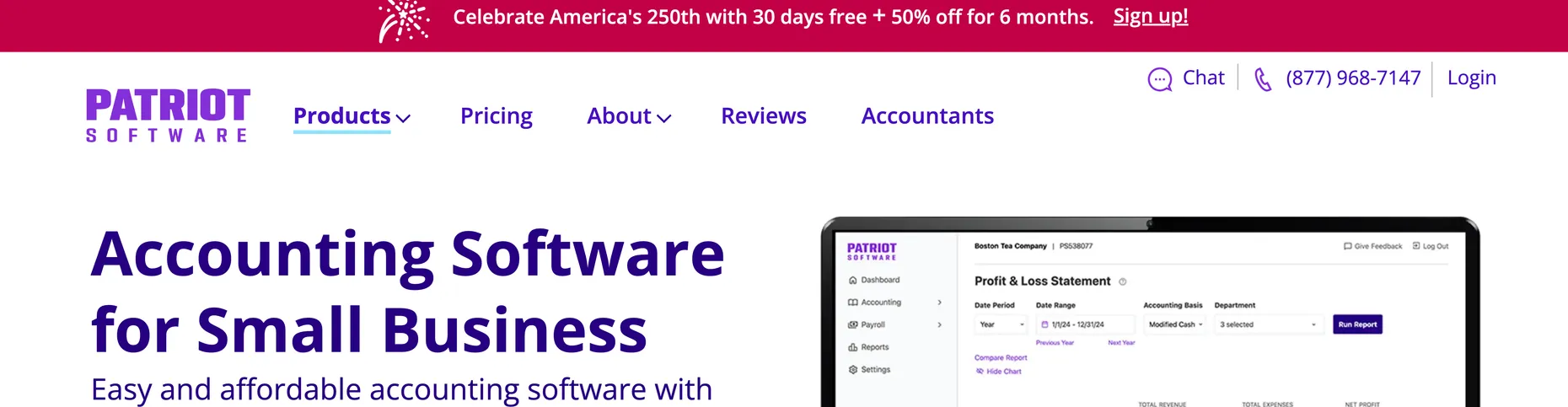 Patriot Software homepage: accounting software for small business, easy and affordable, Excellent 5 stars on Trustpilot