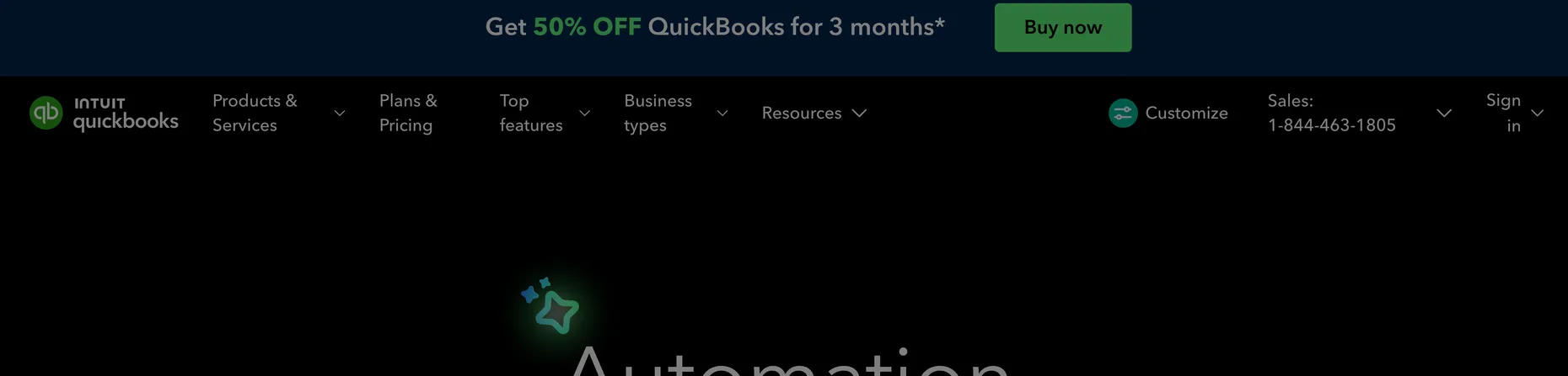 QuickBooks Online homepage with an Automation hero and 50% off for 3 months offer