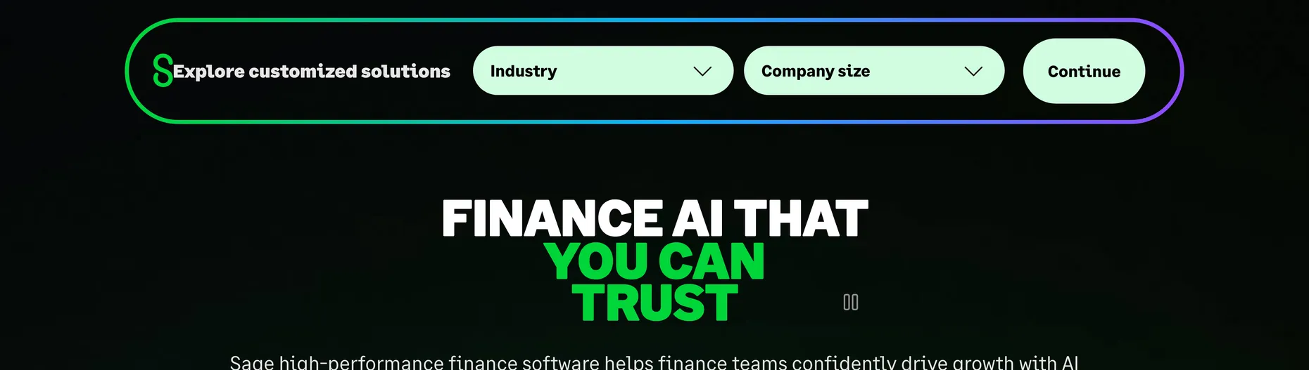 Sage homepage: Finance AI that you can trust, with an explore customized solutions selector
