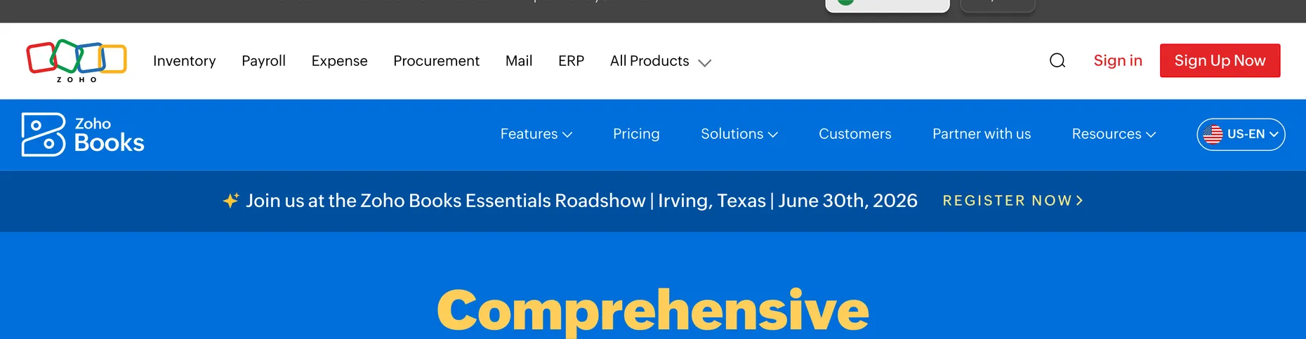 Zoho Books homepage: comprehensive accounting software for growing businesses