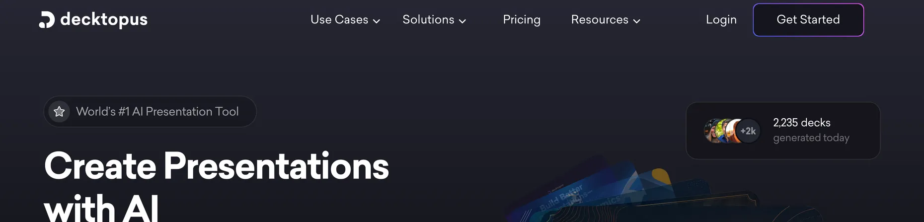 Decktopus homepage: World's #1 AI Presentation Tool, Create Presentations with AI, with a counter showing decks generated today