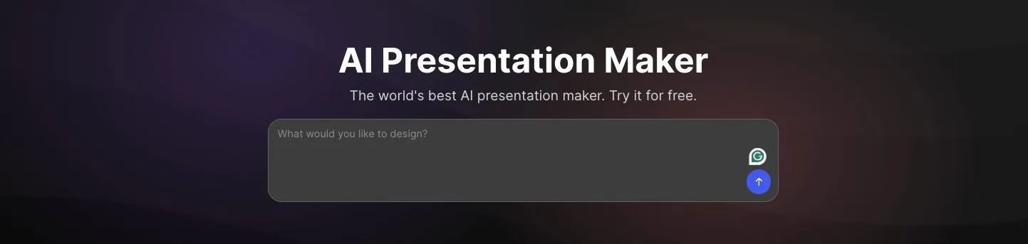 Design.com AI Presentation Maker: a dark prompt box asking what would you like to design, with try it for free