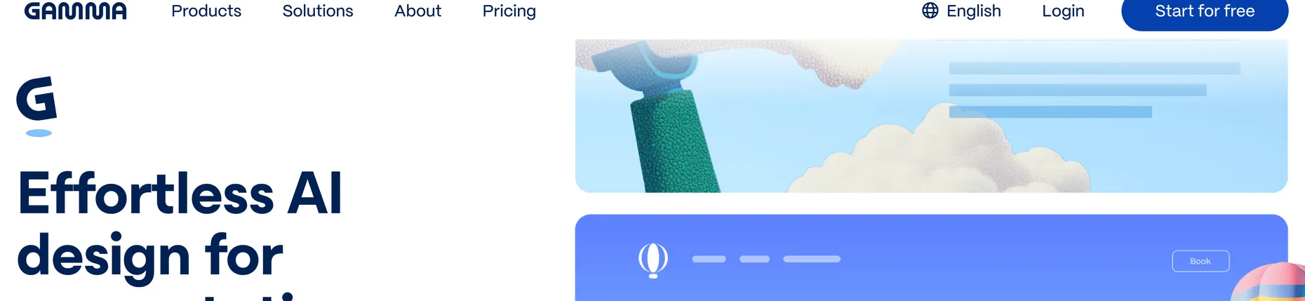 Gamma homepage: Effortless AI design for presentations, websites and more, with a slide preview
