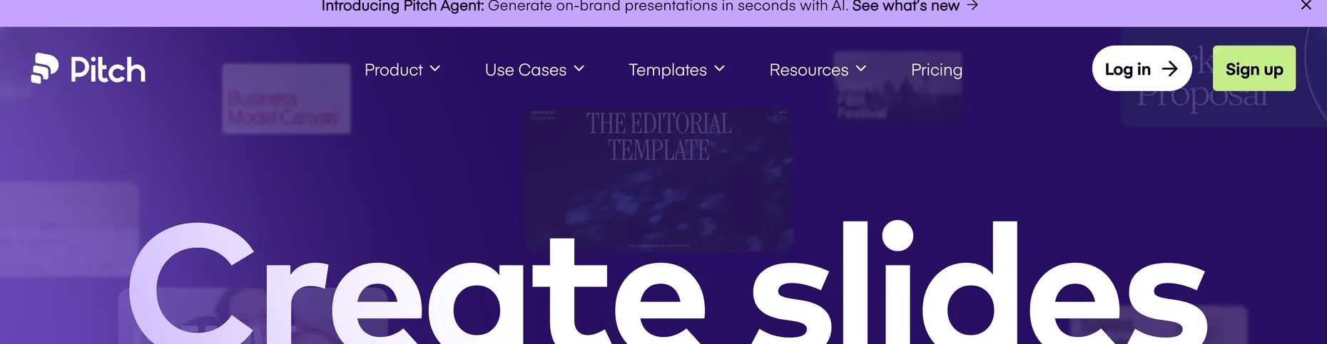 Pitch homepage: Create slides that win, with a banner introducing Pitch Agent to generate on-brand presentations with AI