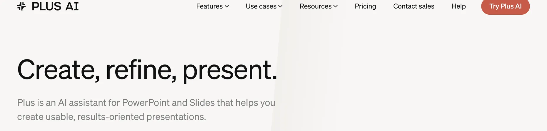 Plus AI homepage: Create, refine, present. Plus is an AI assistant for PowerPoint and Slides, with sign up with Google and Microsoft buttons