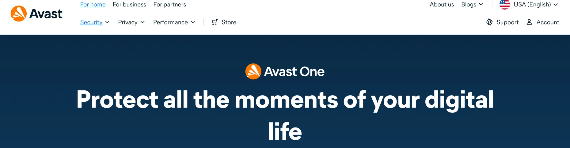 Avast One homepage: Protect all the moments of your digital life, start with essential protection for free