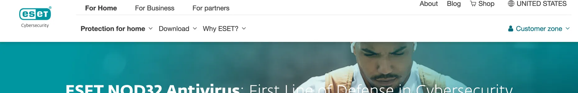 ESET homepage: ESET NOD32 Antivirus, First Line of Defense in Cybersecurity, 95% satisfaction from 8000+ responses