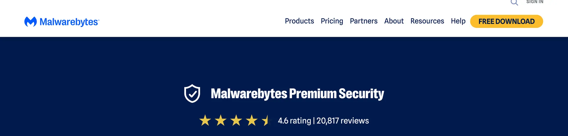 Malwarebytes homepage: Stops what you've never heard of, catches what others miss, 4.6 rating from 20,817 reviews