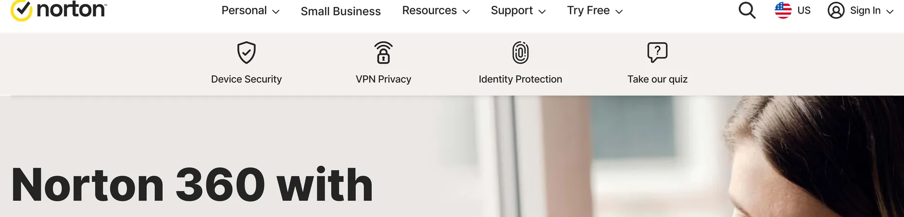 Norton 360 with LifeLock homepage: All-in-one cyber protection, with Device Security, VPN Privacy and Identity Protection tabs