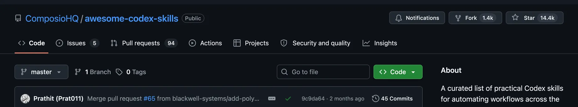 GitHub repo ComposioHQ/awesome-codex-skills with about 14.4k stars, a curated list of practical Codex skills for the Codex CLI and API