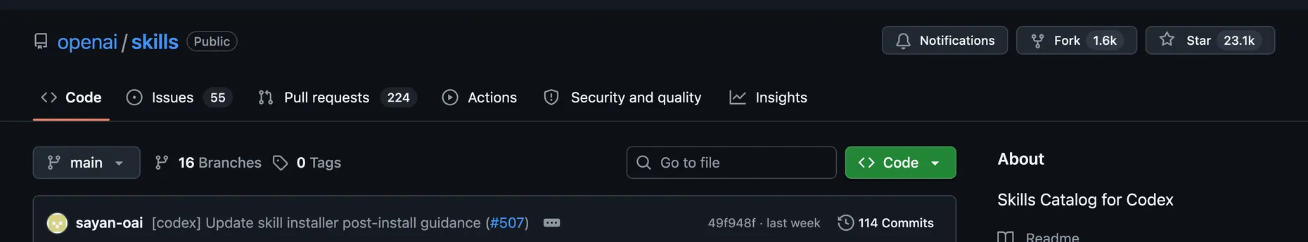 GitHub repo openai/skills with about 23.1k stars, described as the Skills Catalog for Codex